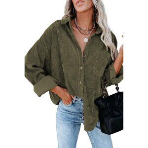 Women Olive Green Collared V Neck Button Down Oversized Long Sleeve Shirt Top